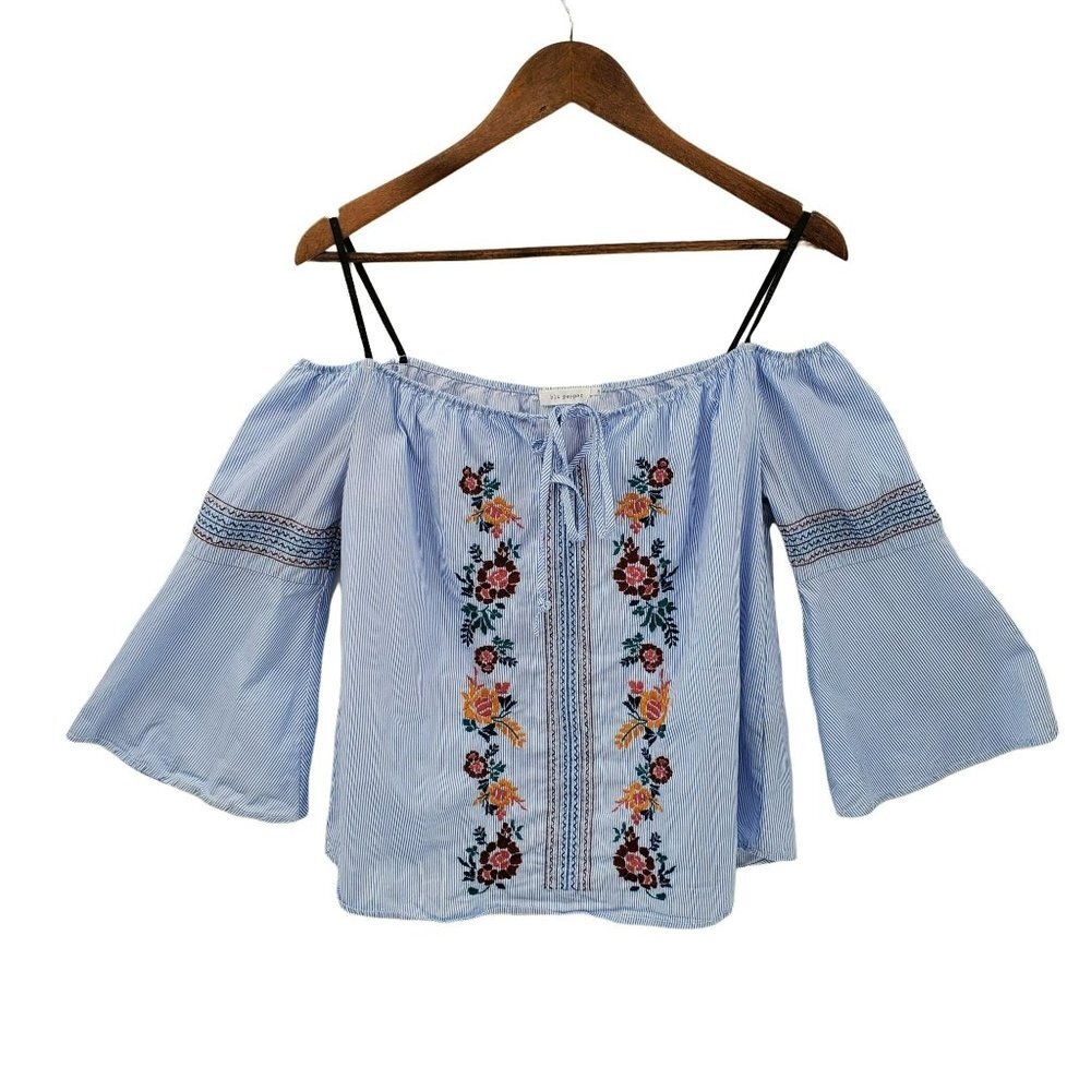Blu Pepper Blue White Striped‎ Floral Embroidered Off The Shoulder Top Sz S